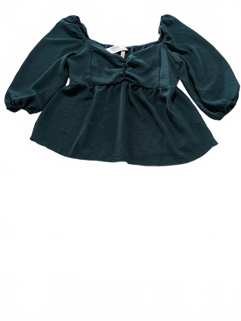 CHOCOLATE Hunter Green Peplum Blouse Puff Sleeve Ruched NWT M